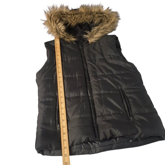 London Fog  Puffer Vest  Faux Fur Hood  Women Medium 90s Warm Full Zip Brown - Picture 9 of 12